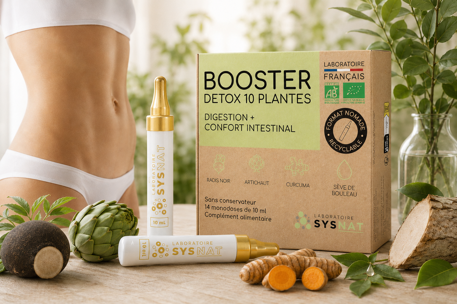 Booster Détox Bio SYSNAT, formule bio 10 plantes pour la digestion et le confort intestinal