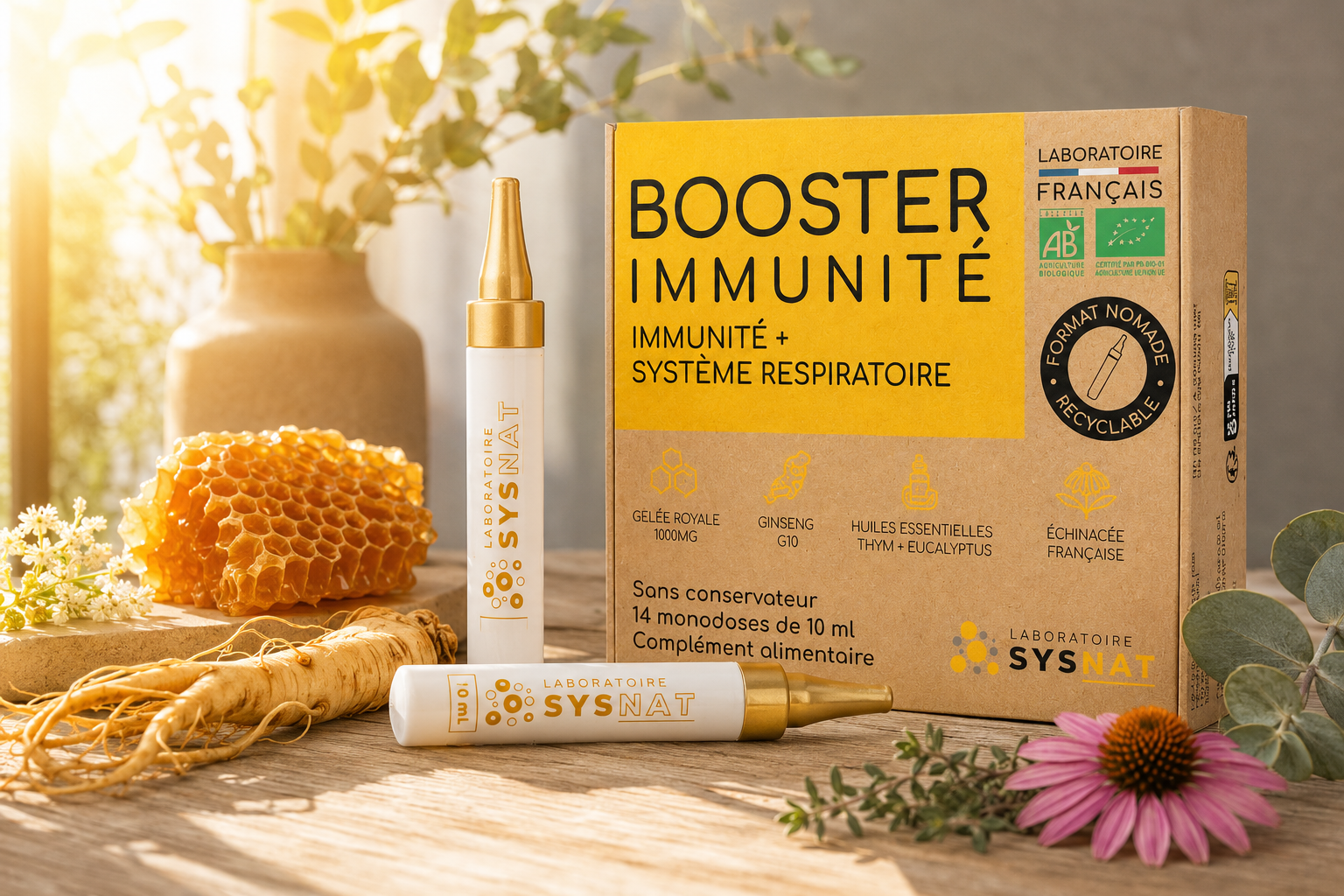 Booster Immunité Bio SYSNAT avec échinacée française, gelée royale, pollen, ginseng, thym et eucalyptus