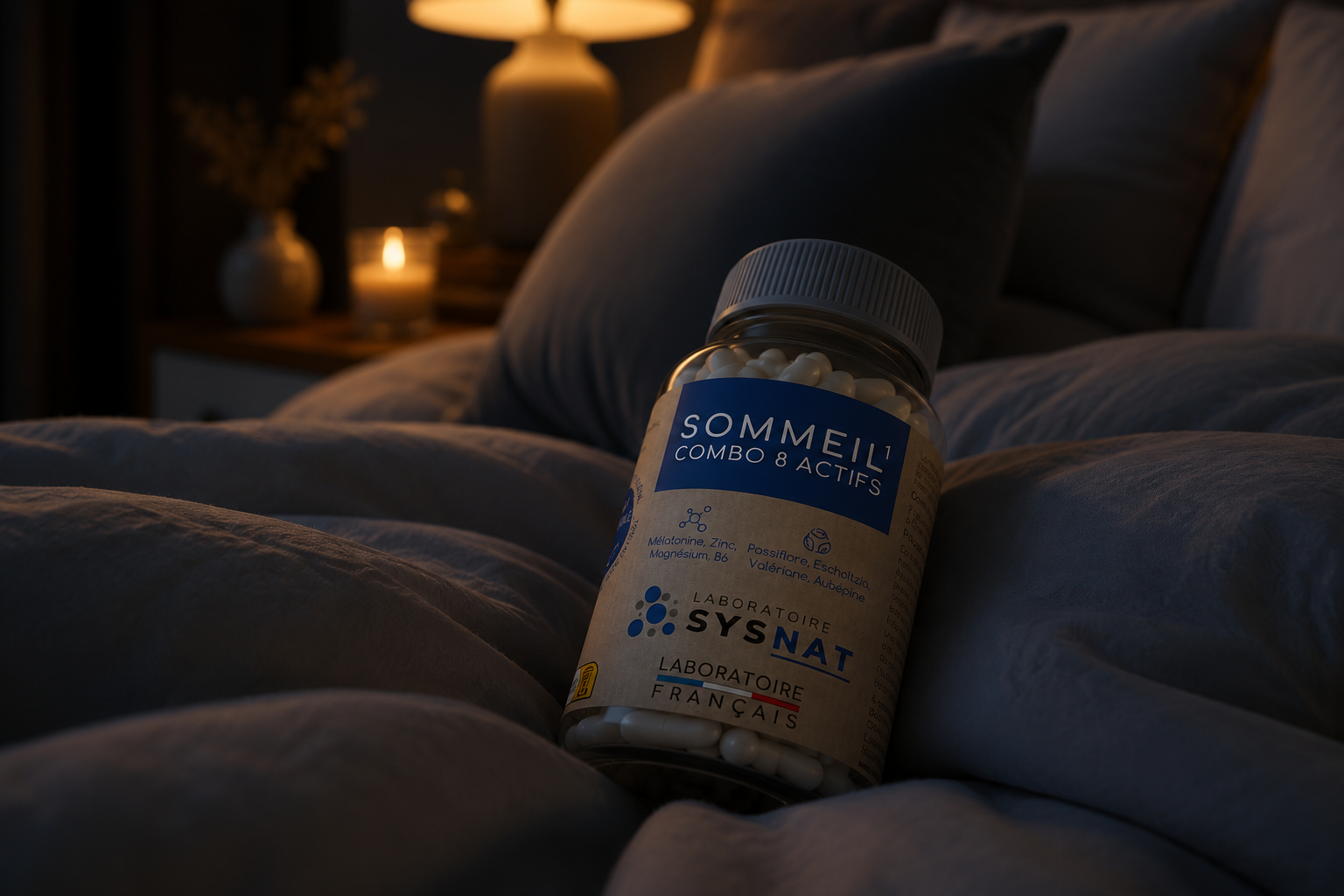 Sommeil Combo 8 Actifs SYSNAT avec mélatonine, magnésium, zinc, vitamine B6 et plantes