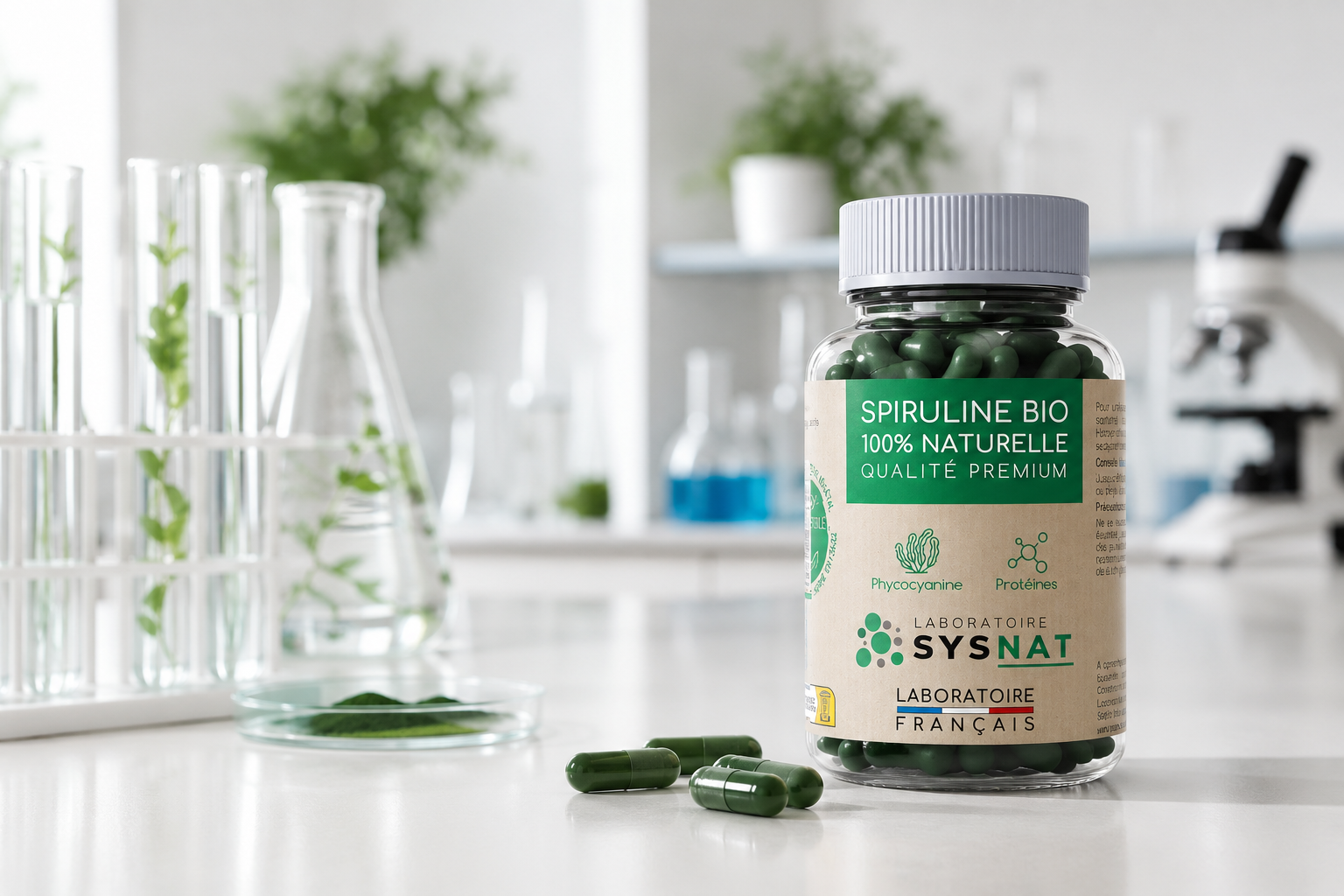 Spiruline Bio SYSNAT dans un univers naturel et lumineux